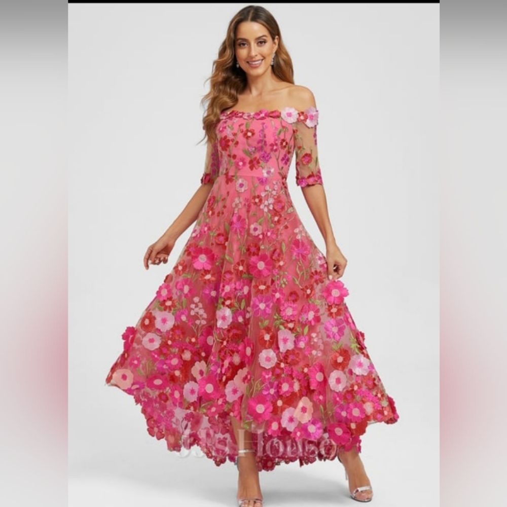 JJs House 3D Floral Pink Off-Shoulder Asymmetrical Dress. NWT. 20W. - Picture 2 of 6